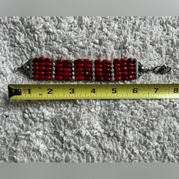 Vintage India Red Coral & Sterling Silver Bracelet